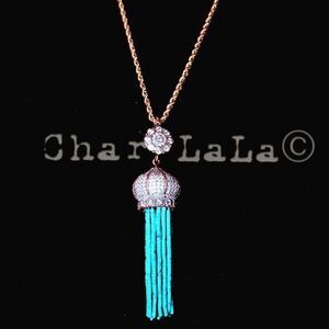 Pave Crystal Dome & Turquoise Tassel Necklace